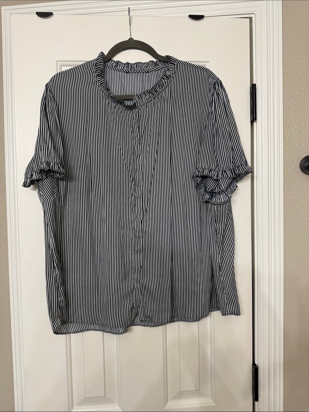 Black and White Vertical Stripe Ruffle Blouse